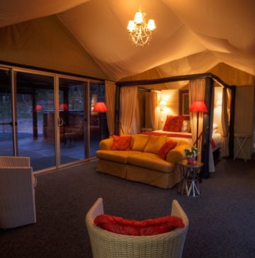 Alure Stanthorpe Glamping tent interior at night